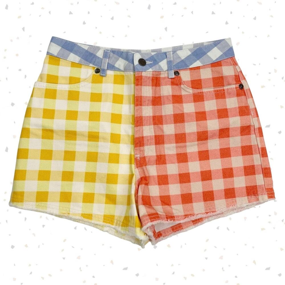 Farm Rio Gingham Shorts Bright Check Picnic Summer Jean Denim Jorts Size M NEW